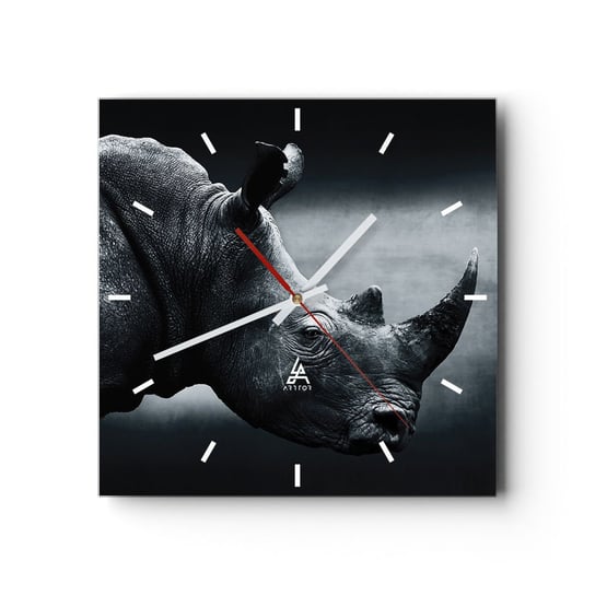 Zegar ścienny - Prawy profil - 30x30cm - Nosorożec Czarno-Biały Zwierzęta - Kwadratowy zegar na szkle - Nowoczeny Stylowy Zegar do salonu do kuchni - Cichy i Modny zegar ARTTOR
