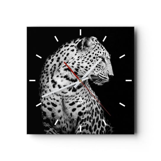 Zegar ścienny - Prawy profil doskonały! - 30x30cm - Zwierzęta Lampart Czarno-Biały - Kwadratowy zegar na szkle - Nowoczeny Stylowy Zegar do salonu do kuchni - Cichy i Modny zegar ARTTOR