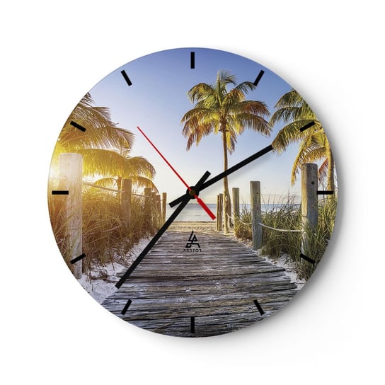 Zegar ścienny - Prosto do raju - 30x30cm - Krajobraz Palma Kokosowa Plaża - Okrągły zegar na szkle - Nowoczeny Stylowy Zegar do salonu do kuchni - Cichy i Modny zegar ARTTOR