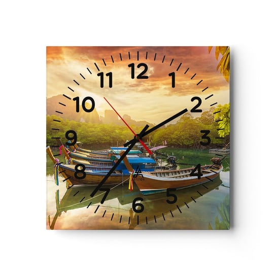 Zegar ścienny - Przed pracowitym dniem - 40x40cm - Krajobraz Tajlandia Morze - Kwadratowy zegar szklany - Nowoczeny Stylowy Zegar do salonu do kuchni - Cichy i Modny zegar ARTTOR