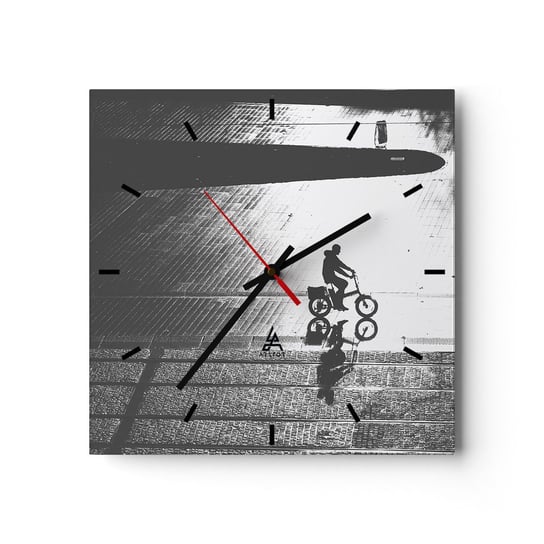 Zegar ścienny - Przed siebie, przez miasto - 30x30cm - Rowerzysta Miasto Rower - Kwadratowy zegar na szkle - Nowoczeny Stylowy Zegar do salonu do kuchni - Cichy i Modny zegar ARTTOR