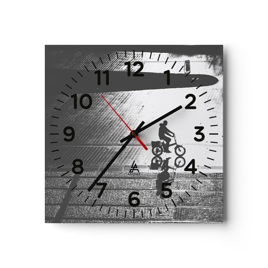 Zegar ścienny - Przed siebie, przez miasto - 30x30cm - Rowerzysta Miasto Rower - Kwadratowy zegar ścienny - Nowoczeny Stylowy Zegar do salonu do kuchni - Cichy i Modny zegar ARTTOR