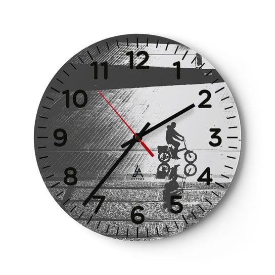 Zegar ścienny - Przed siebie, przez miasto - 40x40cm - Rowerzysta Miasto Rower - Okrągły zegar szklany - Nowoczeny Stylowy Zegar do salonu do kuchni - Cichy i Modny zegar ARTTOR