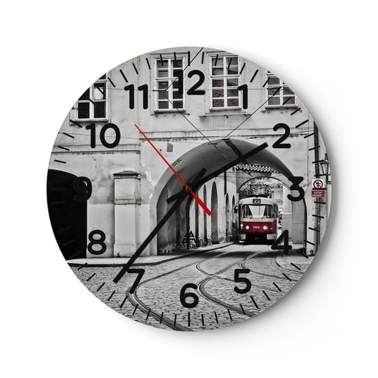 Zegar ścienny - Przez miejski labirynt - 40x40cm - Miasto Tramwaj Praga - Okrągły zegar szklany - Nowoczeny Stylowy Zegar do salonu do kuchni - Cichy i Modny zegar ARTTOR