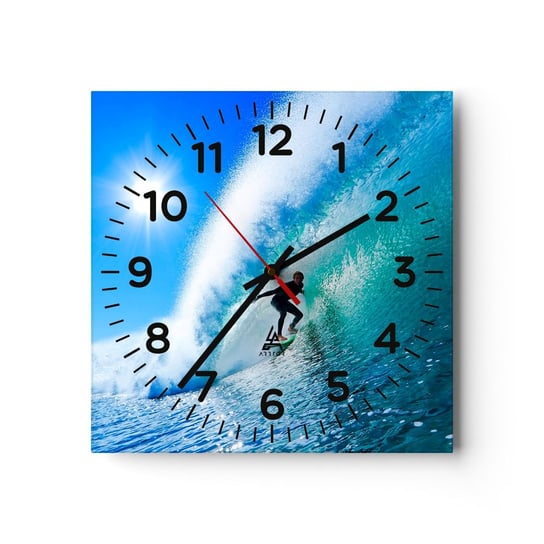 Zegar ścienny - Przez wielki błękit - 40x40cm - Sport Surfer Morze - Kwadratowy zegar szklany - Nowoczeny Stylowy Zegar do salonu do kuchni - Cichy i Modny zegar ARTTOR
