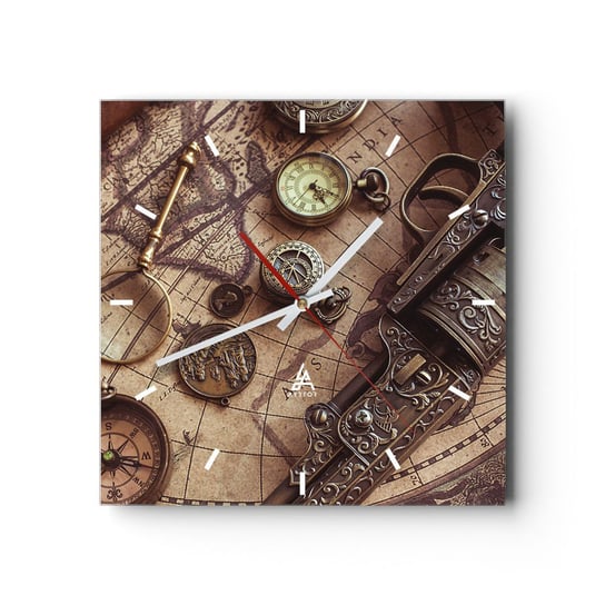 Zegar ścienny - Przygoda wzywa - 30x30cm - Mapa Świata Kompas Rewolwer - Kwadratowy zegar na szkle - Nowoczeny Stylowy Zegar do salonu do kuchni - Cichy i Modny zegar ARTTOR