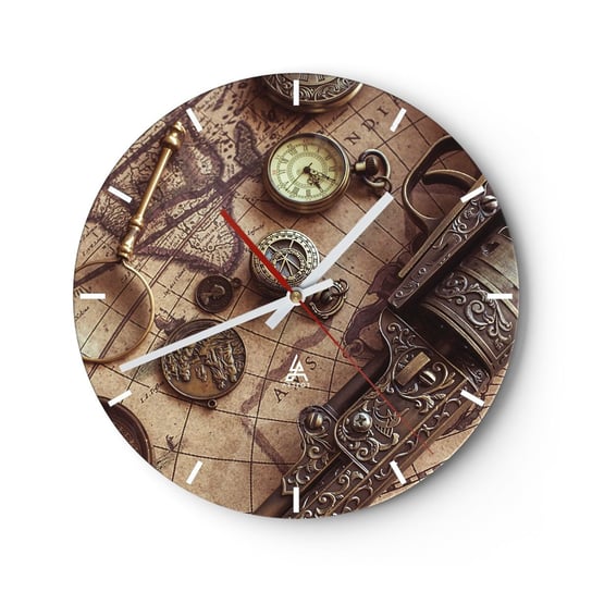 Zegar ścienny - Przygoda wzywa - 30x30cm - Mapa Świata Kompas Rewolwer - Okrągły zegar na szkle - Nowoczeny Stylowy Zegar do salonu do kuchni - Cichy i Modny zegar ARTTOR