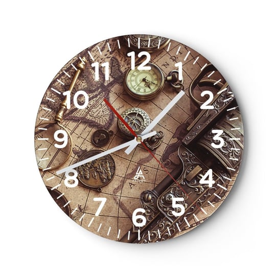 Zegar ścienny - Przygoda wzywa - 30x30cm - Mapa Świata Kompas Rewolwer - Okrągły zegar ścienny - Nowoczeny Stylowy Zegar do salonu do kuchni - Cichy i Modny zegar ARTTOR