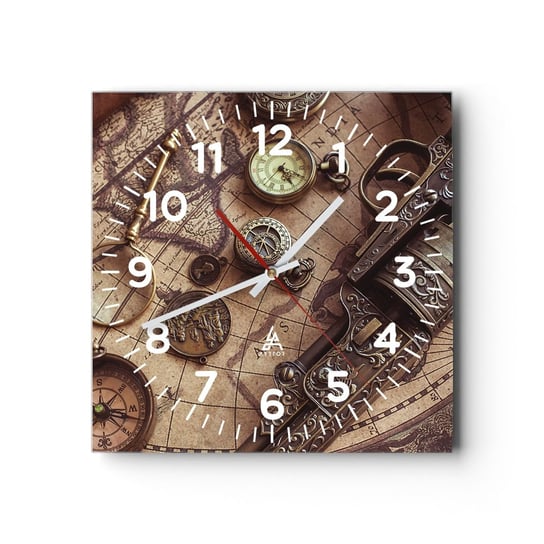 Zegar ścienny - Przygoda wzywa - 40x40cm - Mapa Świata Kompas Rewolwer - Kwadratowy zegar szklany - Nowoczeny Stylowy Zegar do salonu do kuchni - Cichy i Modny zegar ARTTOR