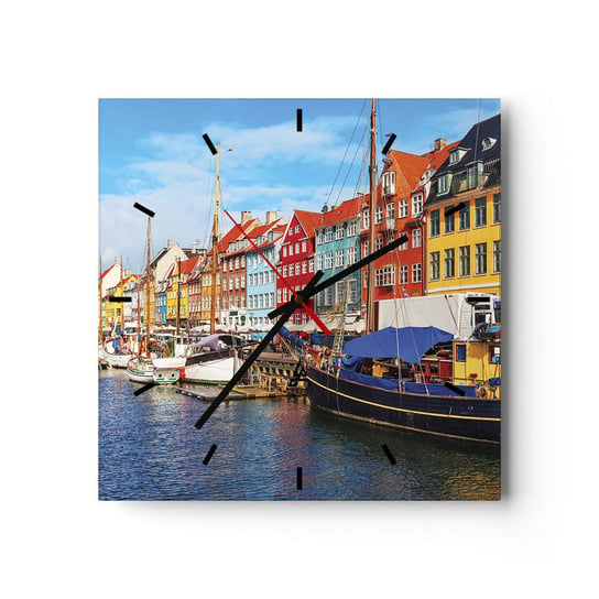 Zegar ścienny - Radosne nabrzeże - 30x30cm - Kopenhaga Stare Miasto Architektura - Kwadratowy zegar na szkle - Nowoczeny Stylowy Zegar do salonu do kuchni - Cichy i Modny zegar ARTTOR