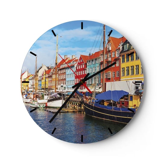 Zegar ścienny - Radosne nabrzeże - 30x30cm - Kopenhaga Stare Miasto Architektura - Okrągły zegar na szkle - Nowoczeny Stylowy Zegar do salonu do kuchni - Cichy i Modny zegar ARTTOR
