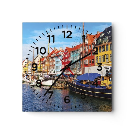 Zegar ścienny - Radosne nabrzeże - 40x40cm - Kopenhaga Stare Miasto Architektura - Kwadratowy zegar szklany - Nowoczeny Stylowy Zegar do salonu do kuchni - Cichy i Modny zegar ARTTOR
