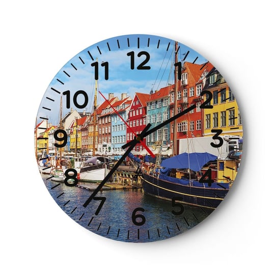 Zegar ścienny - Radosne nabrzeże - 40x40cm - Kopenhaga Stare Miasto Architektura - Okrągły zegar szklany - Nowoczeny Stylowy Zegar do salonu do kuchni - Cichy i Modny zegar ARTTOR