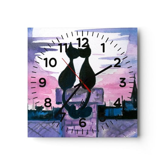 Zegar ścienny - Rendez-vous pod księżycem - 30x30cm - Koty Na Dachu Architektura Symbol Miłości - Kwadratowy zegar ścienny - Nowoczeny Stylowy Zegar do salonu do kuchni - Cichy i Modny zegar ARTTOR
