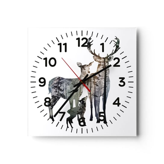 Zegar ścienny - Rodzinna fotografia - 40x40cm - Zwierzęta Jeleń Natura - Kwadratowy zegar szklany - Nowoczeny Stylowy Zegar do salonu do kuchni - Cichy i Modny zegar ARTTOR
