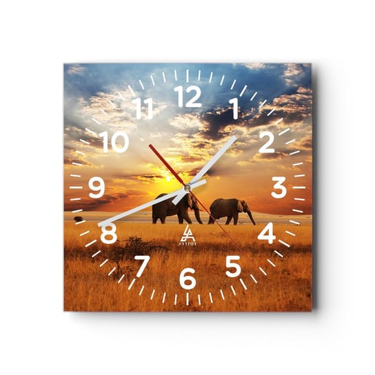 Zegar ścienny - Rodzinna przechadzka - 30x30cm - Zwierzęta Afryka Słoń - Kwadratowy zegar ścienny - Nowoczeny Stylowy Zegar do salonu do kuchni - Cichy i Modny zegar ARTTOR