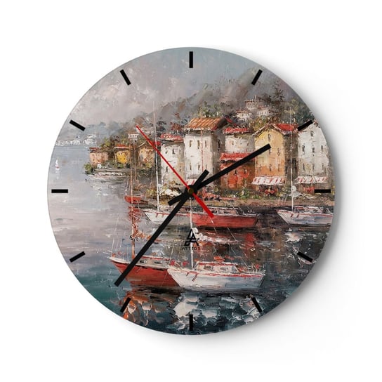 Zegar ścienny - Romantyczna przystań - 40x40cm - Architektura Miasto Portowe Żaglówka - Okrągły zegar ścienny - Nowoczeny Stylowy Zegar do salonu do kuchni - Cichy i Modny zegar ARTTOR