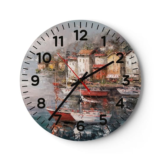 Zegar ścienny - Romantyczna przystań - 40x40cm - Architektura Miasto Portowe Żaglówka - Okrągły zegar szklany - Nowoczeny Stylowy Zegar do salonu do kuchni - Cichy i Modny zegar ARTTOR