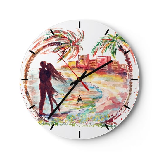 Zegar ścienny - Romantyczne wakacje - 30x30cm - Ludzie Palma Kokosowa Plaża - Okrągły zegar na szkle - Nowoczeny Stylowy Zegar do salonu do kuchni - Cichy i Modny zegar ARTTOR
