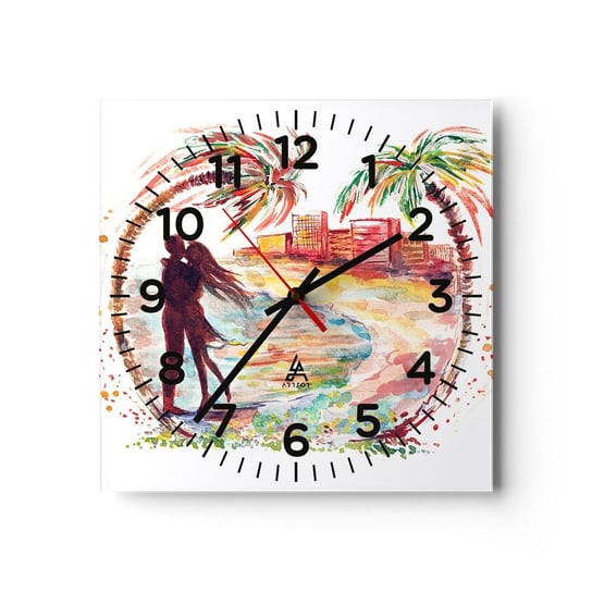 Zegar ścienny - Romantyczne wakacje - 40x40cm - Ludzie Palma Kokosowa Plaża - Kwadratowy zegar szklany - Nowoczeny Stylowy Zegar do salonu do kuchni - Cichy i Modny zegar ARTTOR
