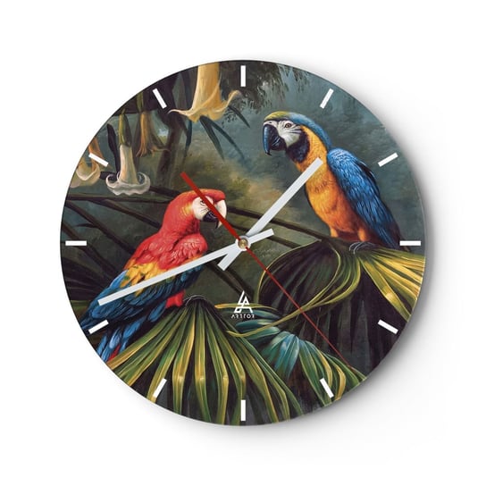 Zegar ścienny - Romantyzm w tropikach - 30x30cm - Papuga Ara Zwierzęta Las Tropikalny - Okrągły zegar na szkle - Nowoczeny Stylowy Zegar do salonu do kuchni - Cichy i Modny zegar ARTTOR