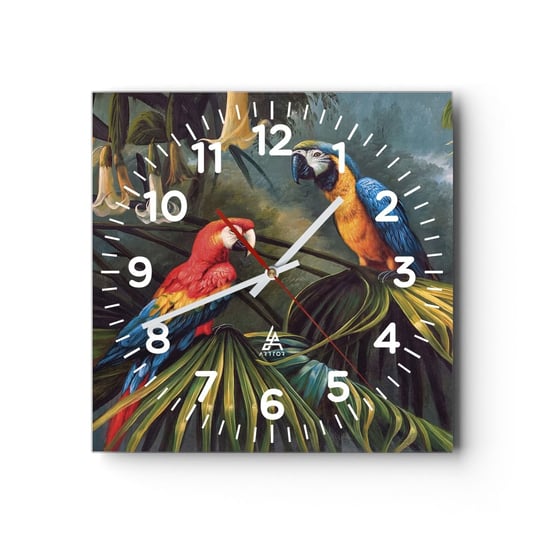 Zegar ścienny - Romantyzm w tropikach - 40x40cm - Papuga Ara Zwierzęta Las Tropikalny - Kwadratowy zegar szklany - Nowoczeny Stylowy Zegar do salonu do kuchni - Cichy i Modny zegar ARTTOR