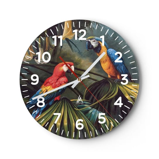 Zegar ścienny - Romantyzm w tropikach - 40x40cm - Papuga Ara Zwierzęta Las Tropikalny - Okrągły zegar szklany - Nowoczeny Stylowy Zegar do salonu do kuchni - Cichy i Modny zegar ARTTOR