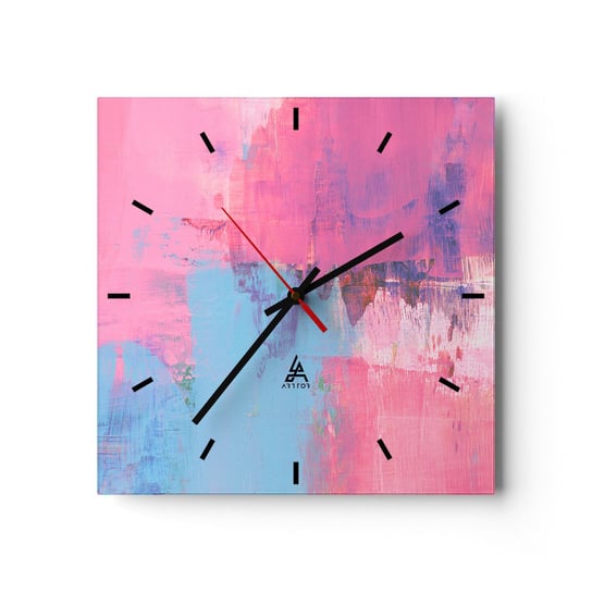 Zegar ścienny - Róż, błękit i szczypta światła - 30x30cm - Abstrakcja Minimalizm Sztuka - Kwadratowy zegar na szkle - Nowoczeny Stylowy Zegar do salonu do kuchni - Cichy i Modny zegar ARTTOR