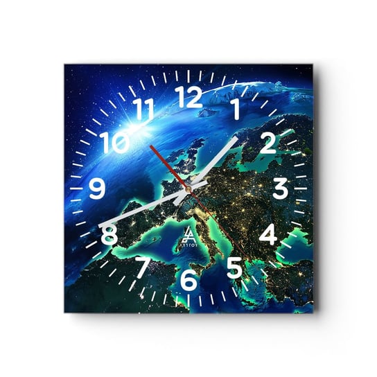 Zegar ścienny - Roziskrzona Europa - 30x30cm - Kosmos Planeta Ziemia Kontynenty - Kwadratowy zegar ścienny - Nowoczeny Stylowy Zegar do salonu do kuchni - Cichy i Modny zegar ARTTOR