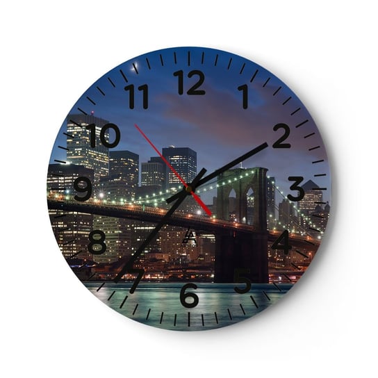 Zegar ścienny - Rozjarzona noc - 40x40cm - Miasto Nowy Jork Most Brookliński - Okrągły zegar szklany - Nowoczeny Stylowy Zegar do salonu do kuchni - Cichy i Modny zegar ARTTOR