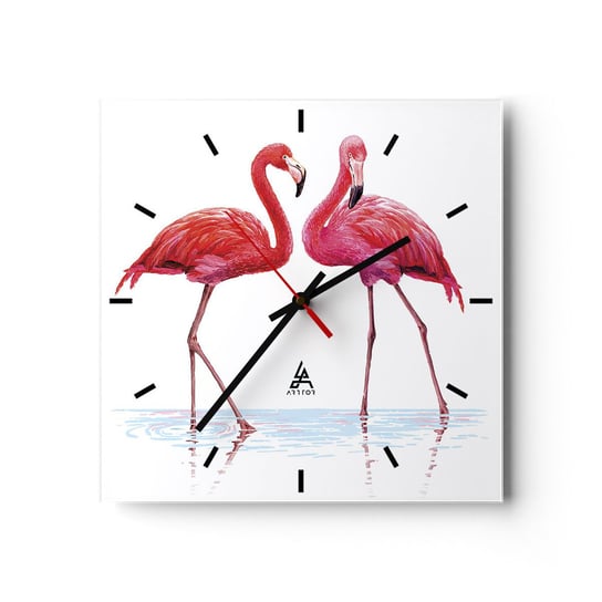 Zegar ścienny - Różowe randez-vous - 30x30cm - Flamingi Ptaki Sztuka - Kwadratowy zegar na szkle - Nowoczeny Stylowy Zegar do salonu do kuchni - Cichy i Modny zegar ARTTOR
