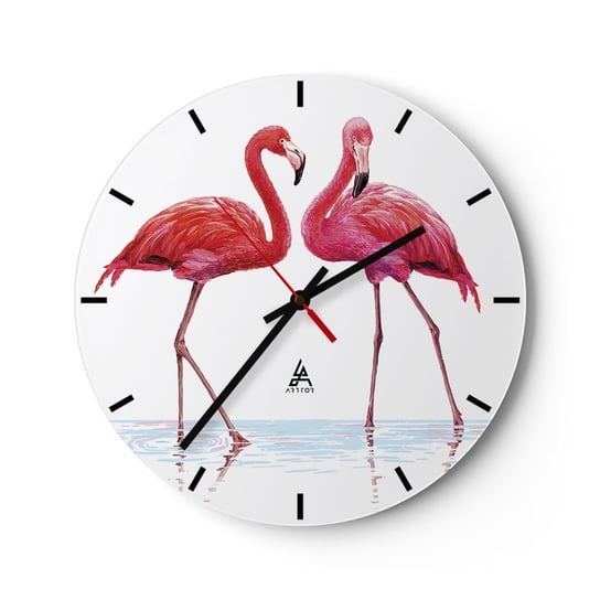 Zegar ścienny - Różowe randez-vous - 30x30cm - Flamingi Ptaki Sztuka - Okrągły zegar na szkle - Nowoczeny Stylowy Zegar do salonu do kuchni - Cichy i Modny zegar ARTTOR
