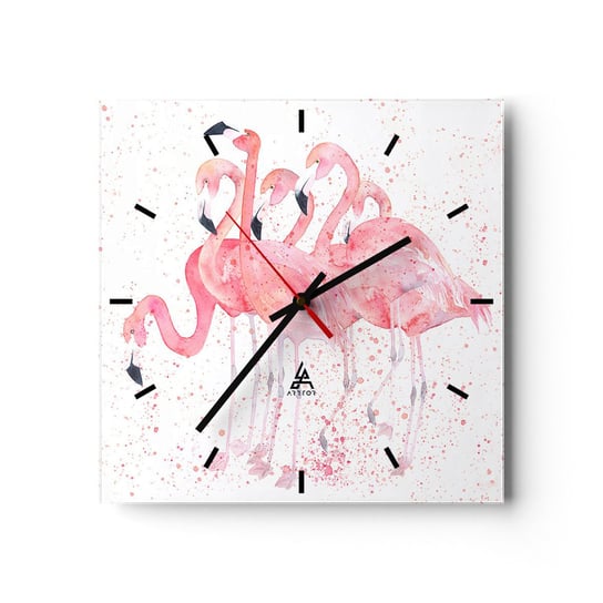 Zegar ścienny - Różowy ansambl - 30x30cm - Flamingi Ptaki Grafika - Kwadratowy zegar na szkle - Nowoczeny Stylowy Zegar do salonu do kuchni - Cichy i Modny zegar ARTTOR
