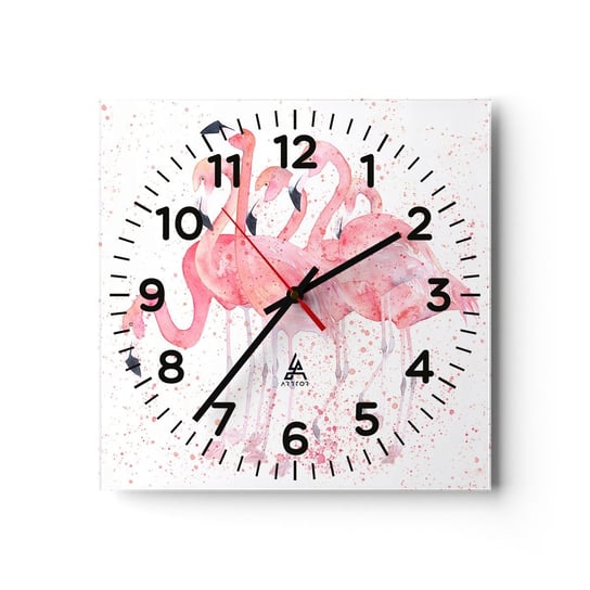 Zegar ścienny - Różowy ansambl - 40x40cm - Flamingi Ptaki Grafika - Kwadratowy zegar szklany - Nowoczeny Stylowy Zegar do salonu do kuchni - Cichy i Modny zegar ARTTOR