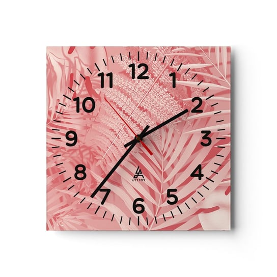 Zegar ścienny - Różowy koncept - 40x40cm - Abstrakcja Liść Palmy Grafika - Kwadratowy zegar szklany - Nowoczeny Stylowy Zegar do salonu do kuchni - Cichy i Modny zegar ARTTOR