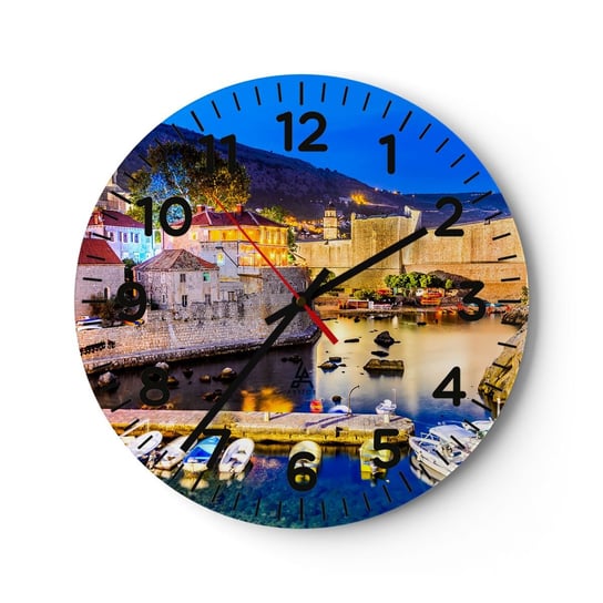 Zegar ścienny - Rozświetlona noc nad Adriatykiem - 30x30cm - Architektura Dubrownik Chorwacja - Okrągły zegar ścienny - Nowoczeny Stylowy Zegar do salonu do kuchni - Cichy i Modny zegar ARTTOR