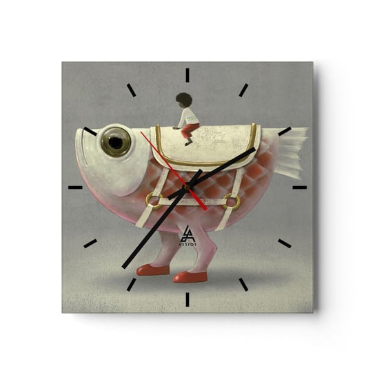 Zegar ścienny - Ryboński jeździec - 30x30cm - Abstrakcja Ryba Dla Dzieci - Kwadratowy zegar na szkle - Nowoczeny Stylowy Zegar do salonu do kuchni - Cichy i Modny zegar ARTTOR