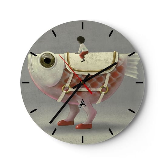Zegar ścienny - Ryboński jeździec - 30x30cm - Abstrakcja Ryba Dla Dzieci - Okrągły zegar na szkle - Nowoczeny Stylowy Zegar do salonu do kuchni - Cichy i Modny zegar ARTTOR