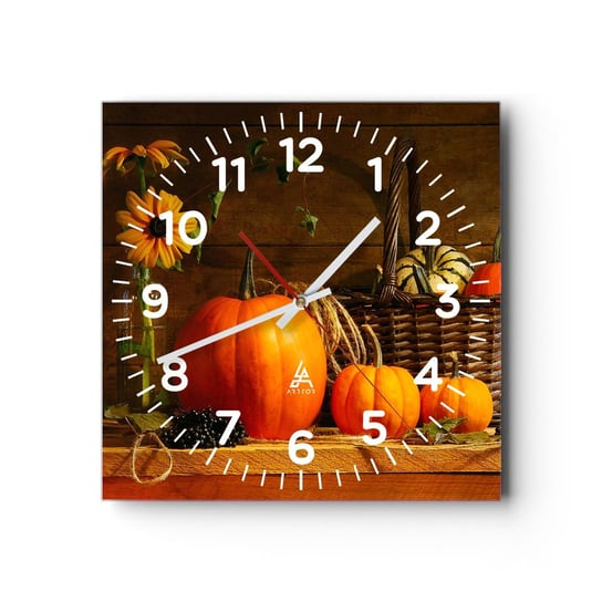 Zegar ścienny - Rystykalna kompozycja - dary jesieni - 40x40cm - Dynia Słoneczniki Martwa Natura - Kwadratowy zegar szklany - Nowoczeny Stylowy Zegar do salonu do kuchni - Cichy i Modny zegar ARTTOR