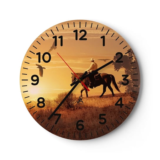 Zegar ścienny - Samotnie przez prerię - 30x30cm - Koń Kowboj Krajobraz - Okrągły zegar ścienny - Nowoczeny Stylowy Zegar do salonu do kuchni - Cichy i Modny zegar ARTTOR