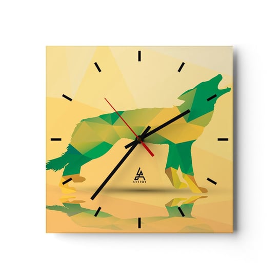Zegar ścienny - Samotny wilk - 30x30cm - Zwierzęta Wilk Figura Geometryczna - Kwadratowy zegar na szkle - Nowoczeny Stylowy Zegar do salonu do kuchni - Cichy i Modny zegar ARTTOR