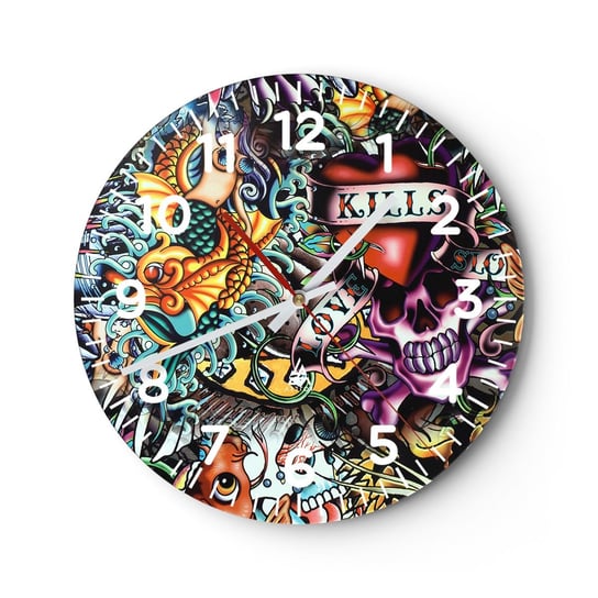 Zegar ścienny - Sen tatuażysty - 40x40cm - Graffiti Mural Sztuka - Okrągły zegar szklany - Nowoczeny Stylowy Zegar do salonu do kuchni - Cichy i Modny zegar ARTTOR