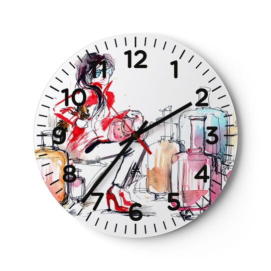 Zegar ścienny - Siądźmy przed podróżą - 30x30cm - Kobieta Podróż Walizka - Okrągły zegar ścienny - Nowoczeny Stylowy Zegar do salonu do kuchni - Cichy i Modny zegar ARTTOR