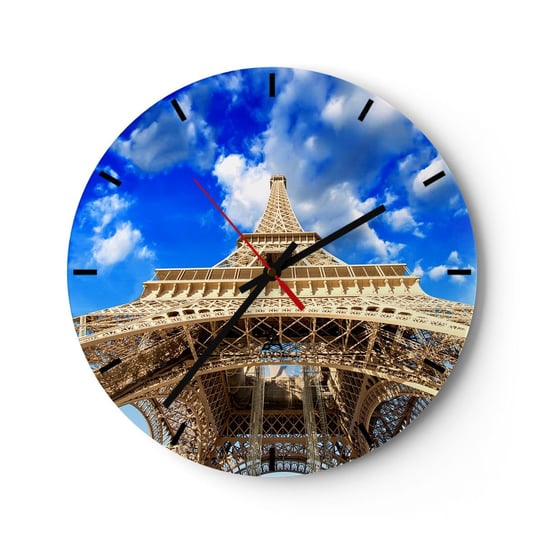 Zegar ścienny - Sięgając nieba i chmur - 30x30cm - Miasto Paryż Wieża Eiffla - Okrągły zegar na szkle - Nowoczeny Stylowy Zegar do salonu do kuchni - Cichy i Modny zegar ARTTOR