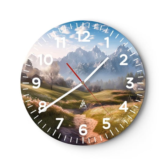 Zegar ścienny - Sielska dolina - 40x40cm - Krajobraz Górski Ścieżka Alpy - Okrągły zegar szklany - Nowoczeny Stylowy Zegar do salonu do kuchni - Cichy i Modny zegar ARTTOR