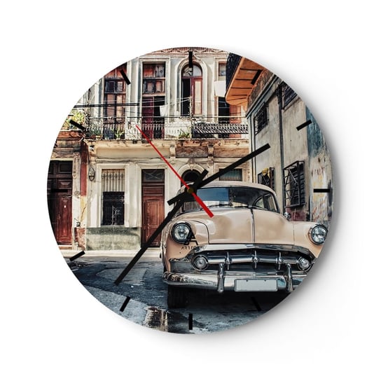 Zegar ścienny - Sjesta w Hawanie - 30x30cm - Samochód Vintage Architektura Miasto - Okrągły zegar na szkle - Nowoczeny Stylowy Zegar do salonu do kuchni - Cichy i Modny zegar ARTTOR