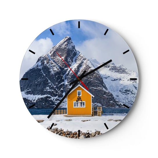 Zegar ścienny - Skandynawskie wakacje - 30x30cm - Zima Alpy Góry - Okrągły zegar na szkle - Nowoczeny Stylowy Zegar do salonu do kuchni - Cichy i Modny zegar ARTTOR
