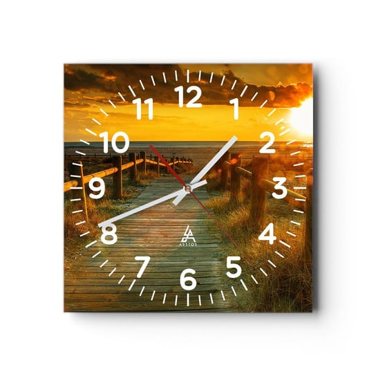 Zegar ścienny - Skąpane w starym złocie - 30x30cm - Krajobraz Morze Zejście Na Plażę - Kwadratowy zegar ścienny - Nowoczeny Stylowy Zegar do salonu do kuchni - Cichy i Modny zegar ARTTOR