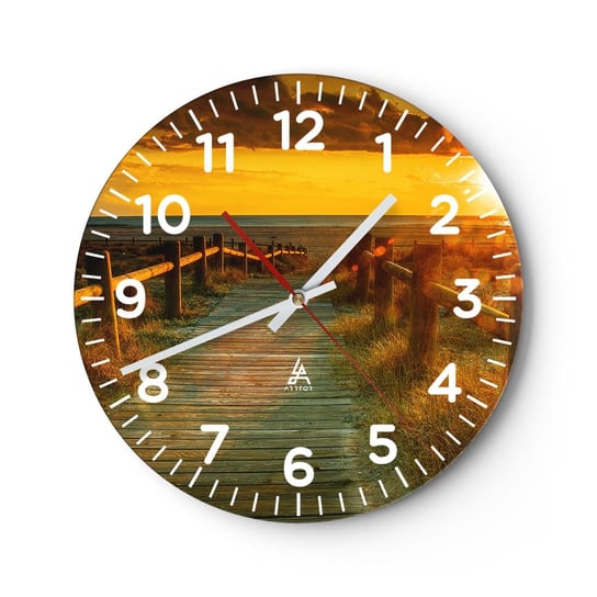 Zegar ścienny - Skąpane w starym złocie - 30x30cm - Krajobraz Morze Zejście Na Plażę - Okrągły zegar ścienny - Nowoczeny Stylowy Zegar do salonu do kuchni - Cichy i Modny zegar ARTTOR