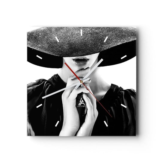 Zegar ścienny - Skryte piękno - 30x30cm - Kobieta W Kapeluszu Kobiece Dłonie Moda - Kwadratowy zegar na szkle - Nowoczeny Stylowy Zegar do salonu do kuchni - Cichy i Modny zegar ARTTOR